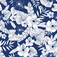Zelfklevend Fotobehang Vector blue drawing tropical summer hawaiian seamless pattern with tropical plants, leaves, and hibiscus flowers. Great for vacation themed fabric, wallpaper, packaging. © Oksancia