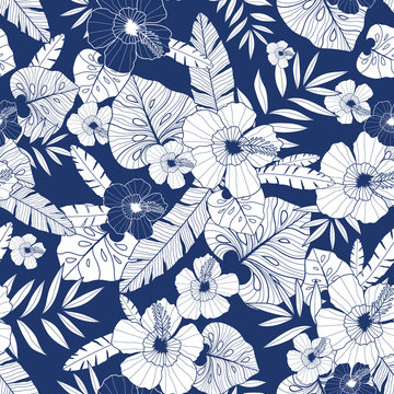 Vector Blue Drawing Tropical Summer Hawaiian Seamless Pattern With Tropical Plants, Leaves, And Hibiscus Flowers. Great For Vacation Themed Fabric, Wallpaper, Packaging.