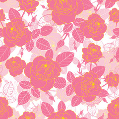 Vector vintage pink and yellow gold roses and leaves on white background seamless repeat pattern texture. Great for retro fabric, wallpaper, scrapbooking projects.