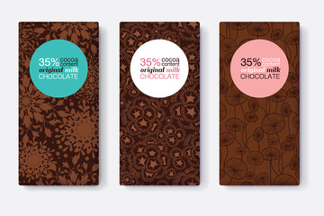 Vector Set Of Chocolate Bar Package Designs With Modern Brown Floral Patterns. Pastel Circle Frame. Editable Packaging Template Collection.