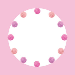 Vector Light Pink Baby Girl Birthday Party Pom Poms Circle Set and Round Frame. Great for handmade cards, invitations, wallpaper, packaging, nursery designs.