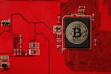 Closeup of bitcoin circuit board with processor