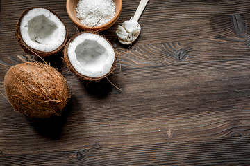 coconut food with flakes and wooden spoon on table background mockup