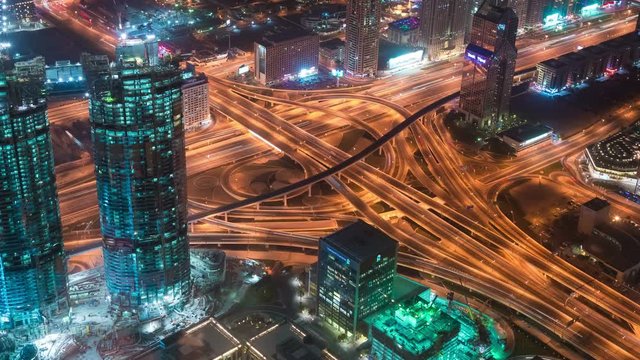 Scenic aerial timelapse Dubai view of famous highway intersection and business bay skyscrapers