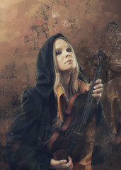 Young woman violin player, costume and creative portrait