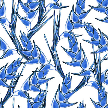 Seamless floral tropical pattern. Hand painted watercolor exotic heliconia flowers, blue trend hues on white background. Textile design. © tabuday