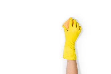 Isolated woman's hand cleaning on a white background. Cleaning or housekeeping concept background. Frame for text or advertising