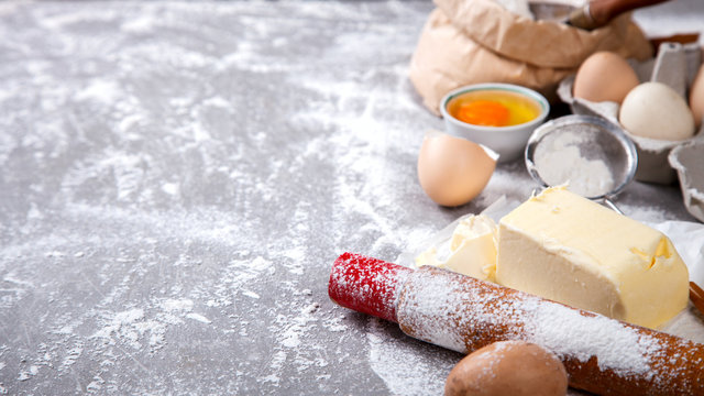 Background Baking Ingredients Flour Eggs Butter.