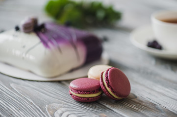 Traditional purple berry cake and macarons souffle dessert and almond dacquoise, raspberry confit, crispy layer with caramelized hazelnuts and raspberry powder, mousse based on bitter chocolate served
