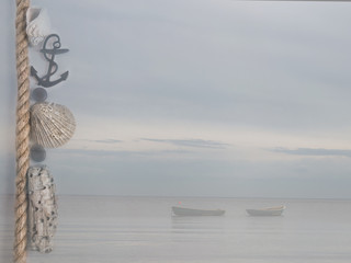 Double exposure background seascape with two boats and anchor