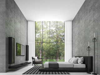 Modern loft  bedroom 3d rendering image The room has a high ceiling. There is a polished concrete wall. White floors and large windows overlook the garden, furnished with black leather furniture.