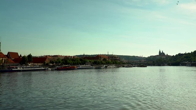 Downtown Prague filmed from a Tourist boat at the Vltava River