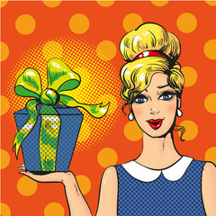 Woman holding gift box vector pop art illustration