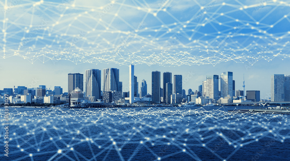 Aufkleber Modern city and communication network, Smart City. Internet of Things. Information Communication Network. Sensor Network. Smart Grid. Conceptual abstract.