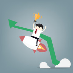 Startup Business. Businessman on a rocket. Flat design business concept illustration.