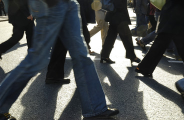Many legs of people crossing city street commuting to work and shopping.