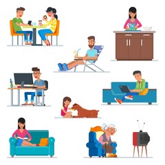Vector set of cartoon people characters in flat style design. Couple in cafe, woman cooking at the kitchen, guy working with computer, girl playing with a dog. People icons