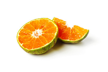 Slice half orange fruit on white background