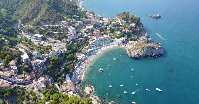 Aerial drone footage of panoramic view of Taormina in Sicily, Italy
