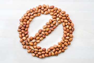 Peanut allergy. Stop, forbidden, prohibited and banned sign and symbol formed with nuts on white...