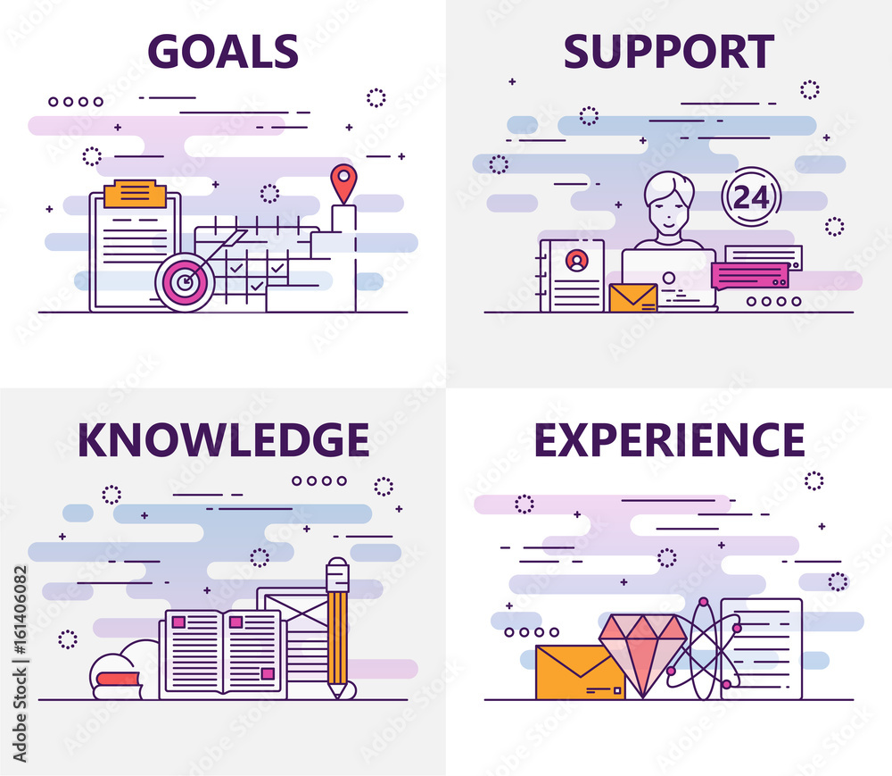 Poster vector set of banners with goals, support, knowledge, experience concept elements. thin line flat de