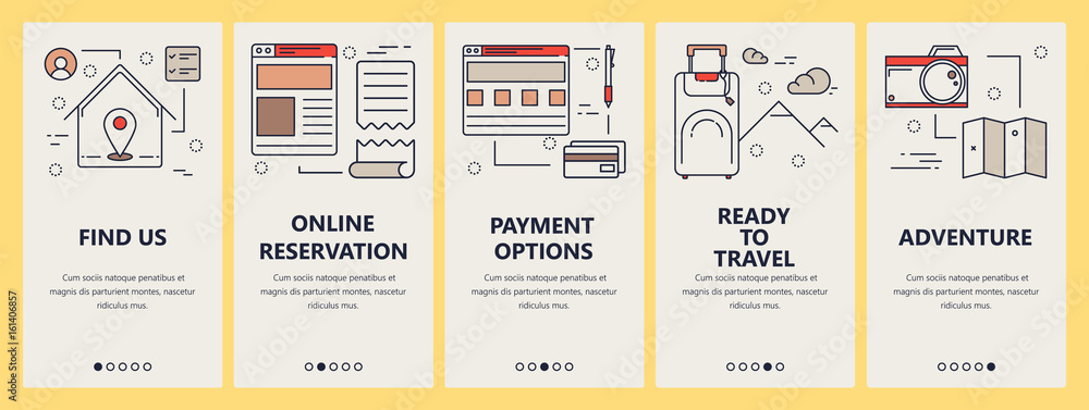 Poster vector set of vertical banners with travel concept elements in linear style design. thin line flat d