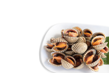 Close up Delicious boiled or steamed cockles isolated on white background..