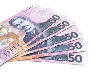 New Zealand 50$ dollars bank note on isolated white background, New Zealand currency.
