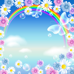 Fototapeta na wymiar Rainbow with butterflies and flowers in the clouds sky