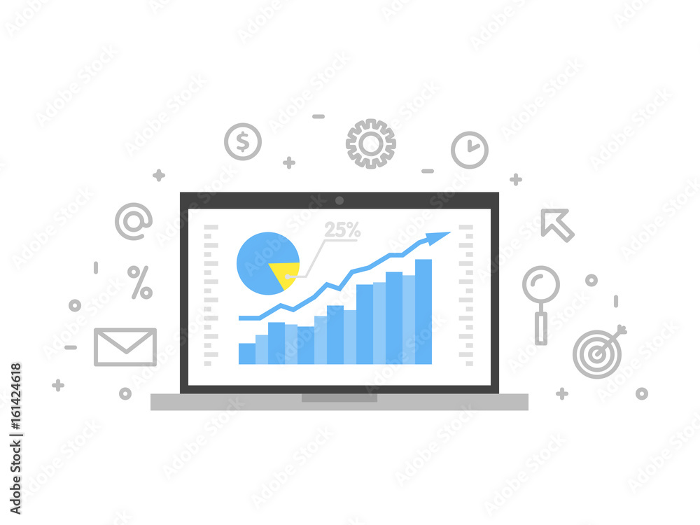 Poster online analytics concept line illustration. laptop with web page graphic diagram screen and linear i