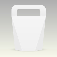 White cardboard carry box bag packaging for food, gift or other products with handle. Vector mock up template ready for your design