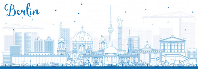 Outline Berlin Skyline with Blue Buildings.