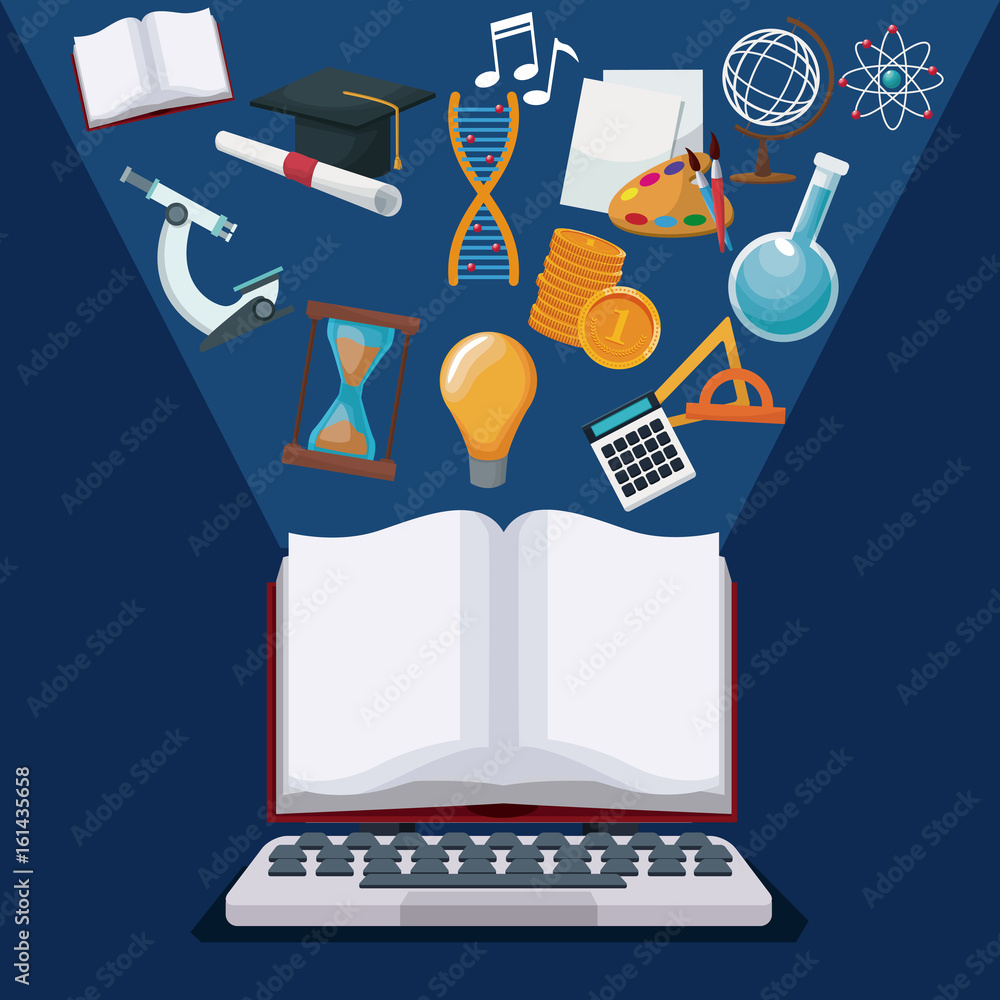 Poster color background tech laptop and display open book with light halo icons academic knowledge vector i