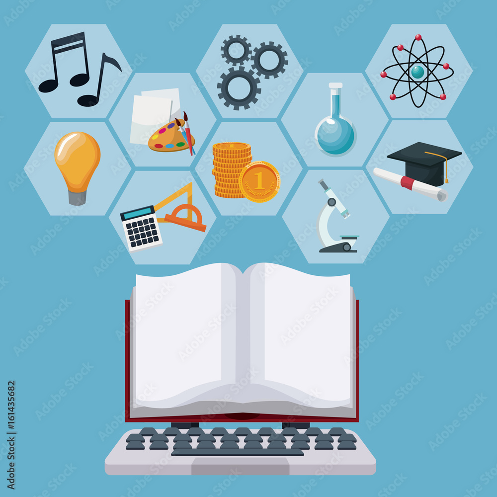 Poster tech laptop and display open book with gray color geometric abstract figures icons academic knowledg