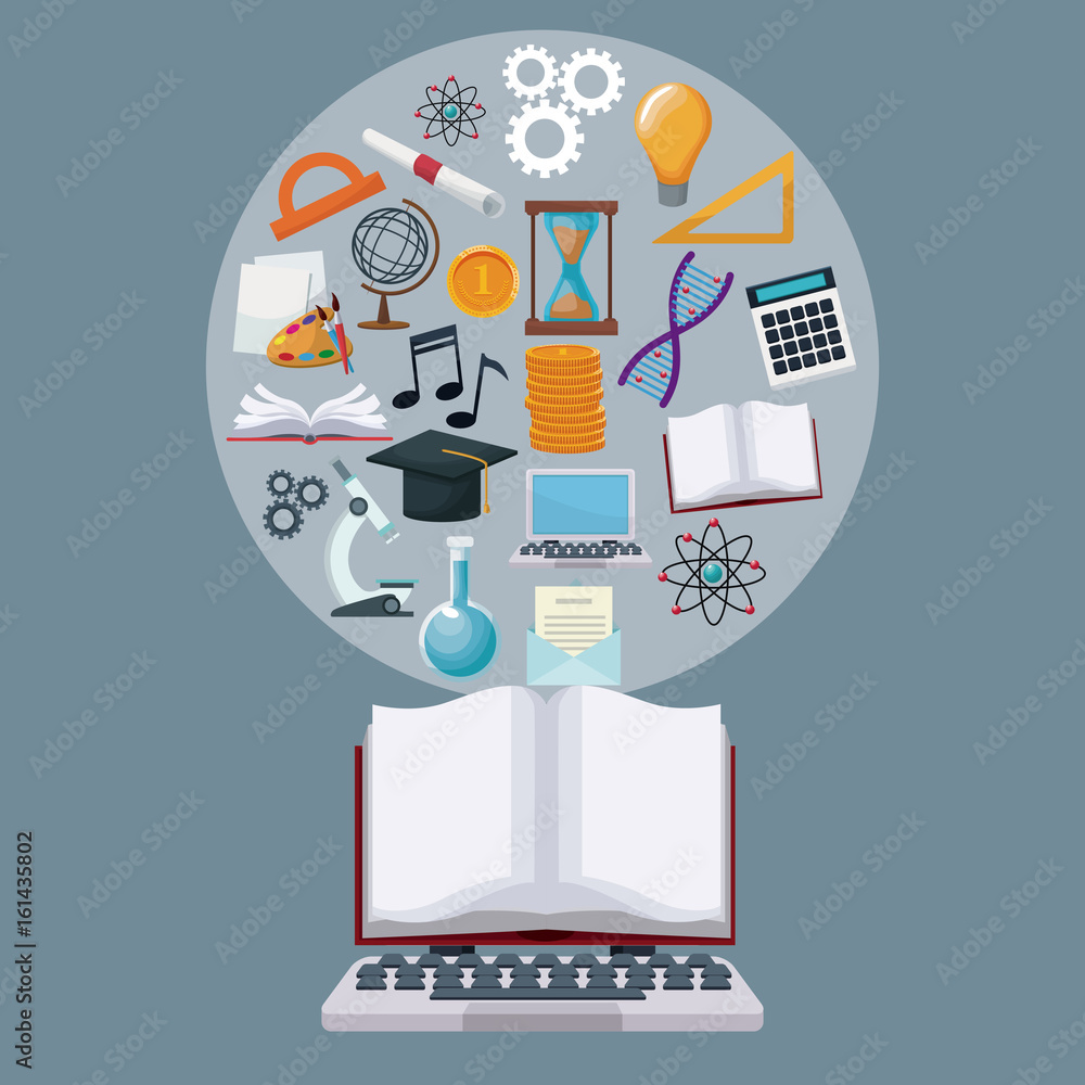 Poster tech laptop and display open book with circular border icons academic knowledge vector illustration