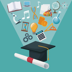 color background graduation cap and certificate with light halo icons academic knowledge vector illustration