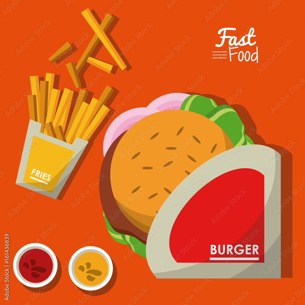 Sticker poster fast food in orange background with burger and sauces and fries vector illustration