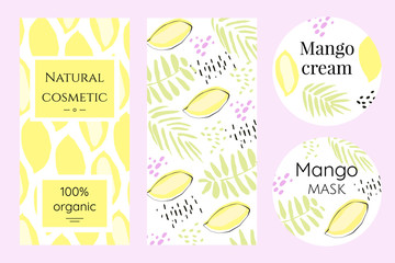 A set of labels for mango cosmetics. Creative brochure in abstract style. Packing template for exotic cosmetics
