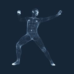 Fighting Man. 3D Model of Man. Human Body Model. Body Scanning. View of Human Body. Vector Graphics Composed of Particles.