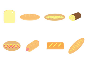 Bakery products icon set, bread, jam roll