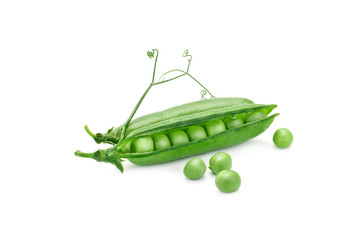 Ripe green peas on a white background. An isolated object.