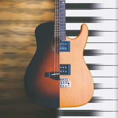acoustic & electric guitar on music sheet, piano keys for music background