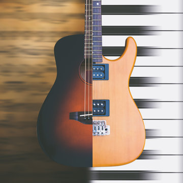 acoustic & electric guitar on music sheet, piano keys for music background