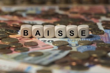 BAISSE - Bilder mit Wörtern aus dem Bereich Börse, Wortwolke, Würfel, Buchstabe, Bild,...