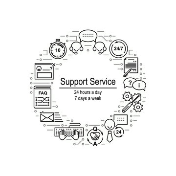 Circle collage made of helpdesk line icons and electrical circuit elements. Support service inscription. Editable strokes. Vector illustration.