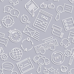 Seamless pattern. Support service linear icons. Operator, phone, keaboard, checklist, e-mail, lifebuoy, FAQ book, gears, handshake, etc. Grey color with shadow. Vector illustration.