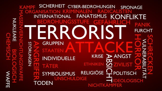 Terrorist attack word tag cloud. 3D rendering, red German variant.