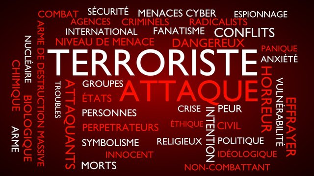 Terrorist attack word tag cloud. 3D rendering, red French variant.