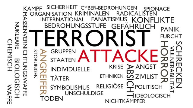 Terrorist attack word tag cloud. 3D rendering, white German variant.
