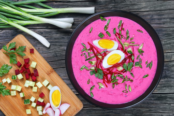 Cold soup with beetroot, cucumber, scallions, egg